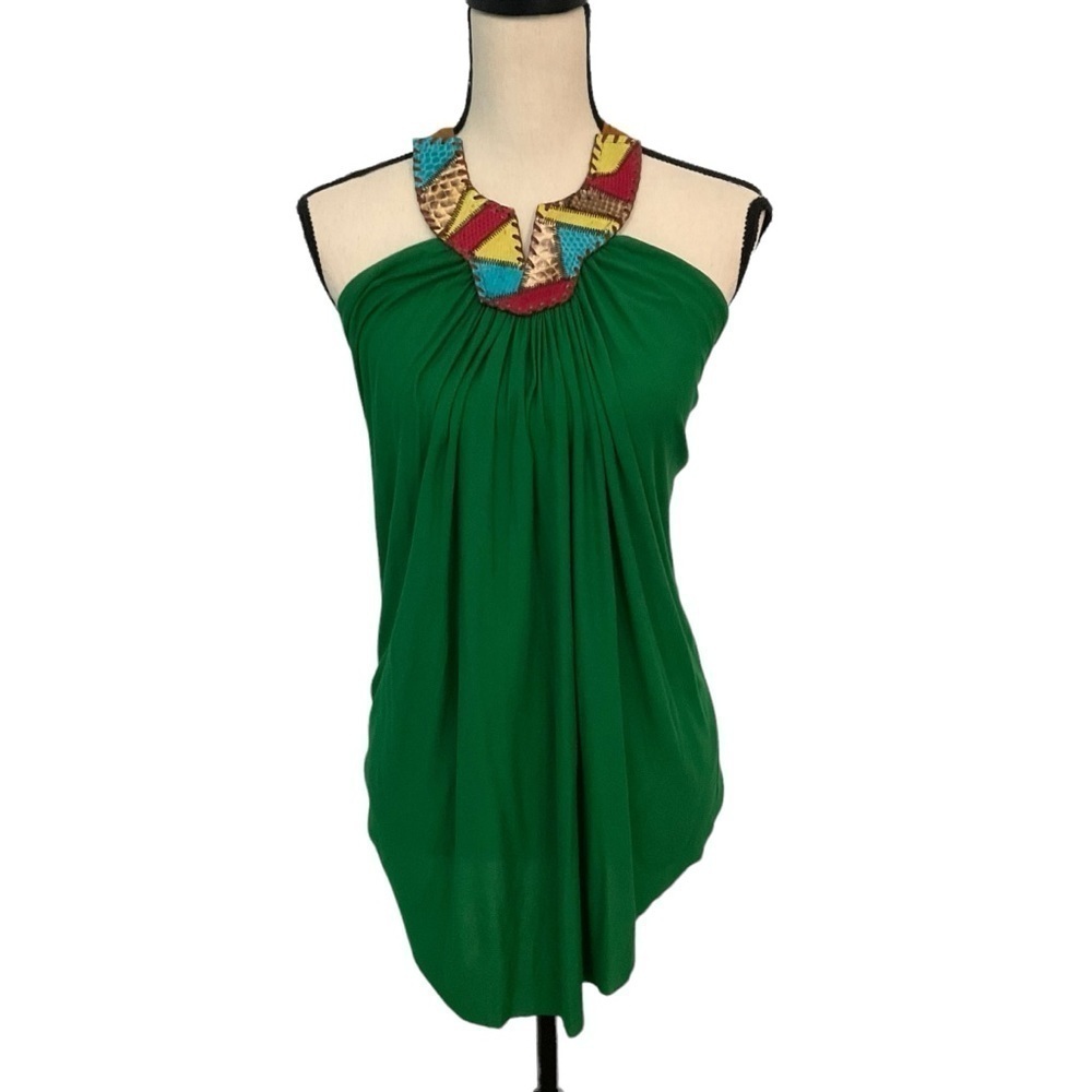 T-bags Los Angeles Green Top with Hand-sewn Leather Collar Size M